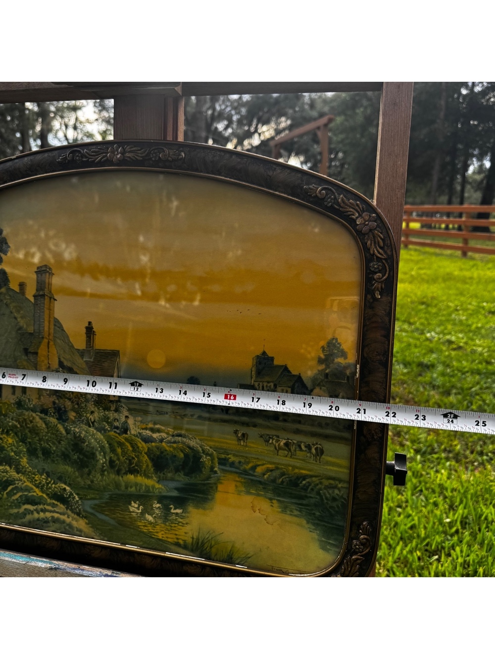 Antique pastoral cottage landscape serving tray 22x17 ornate floral border - Picture 8 of 10